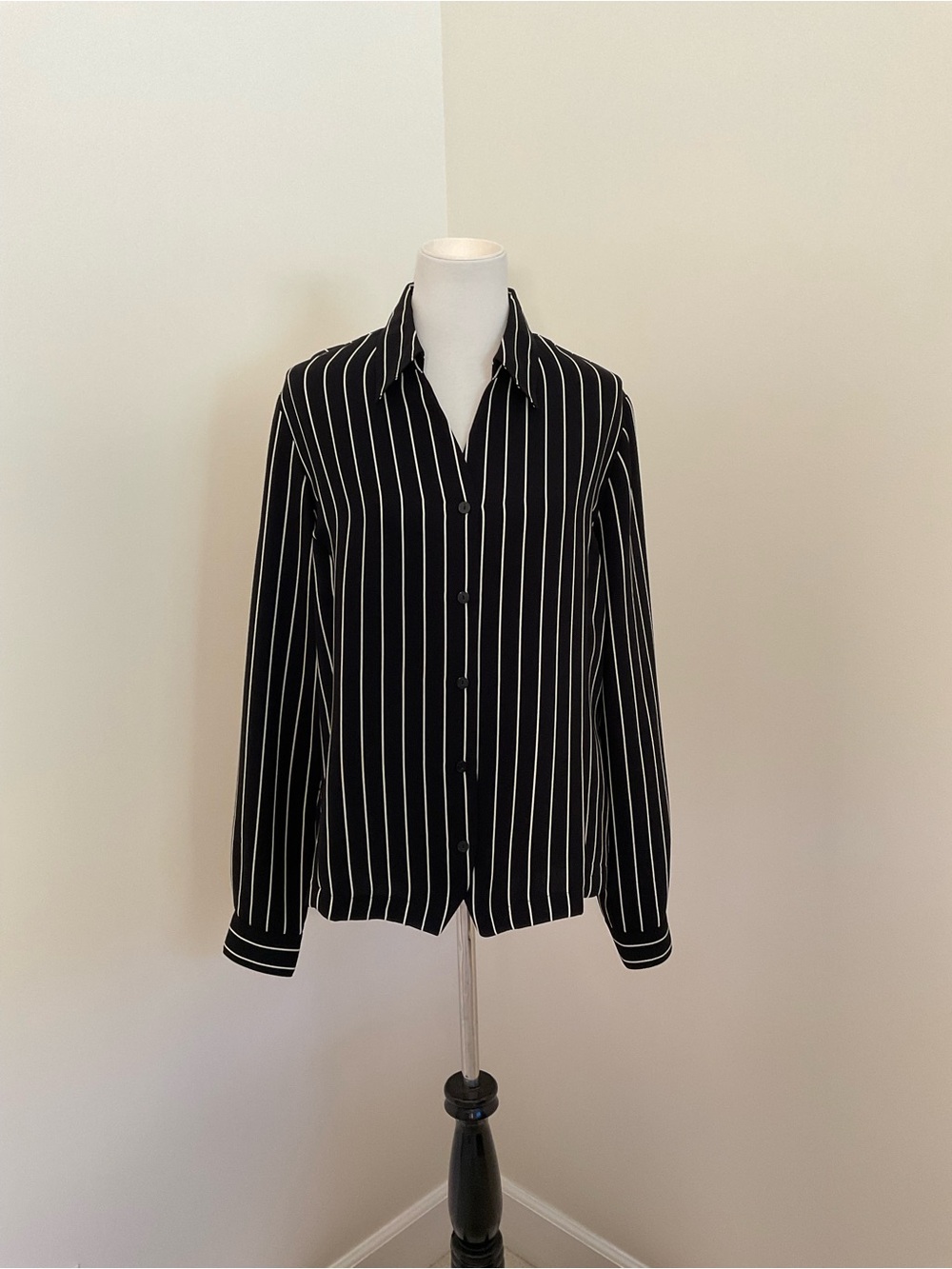 Liz Baker Black Dress Shirt with White Pinstripe Detail